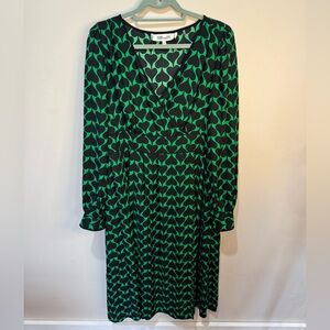 Diane Von Furstenberg Long Sleeve Faux Wrap Midi Dress Green Black Sz 16 no belt